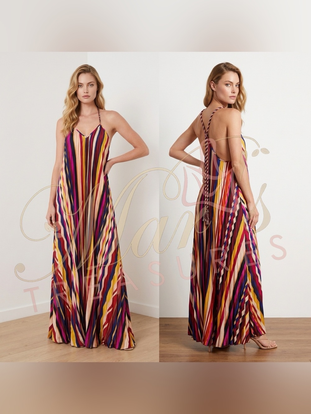 NWT Anthropologie Farm Rio Multicolor Striped Pleated Halter Maxi Dress XL